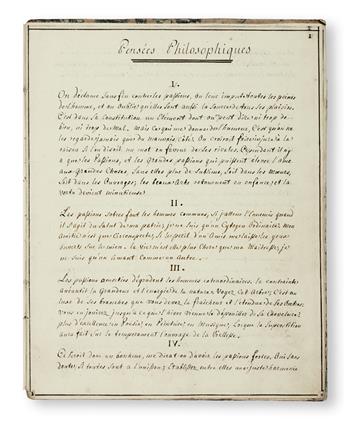 MANUSCRIPT.  Pensées Philosophiques de Mr. [Denis] D[iderot].  Manuscript in French on paper.  Mid-later 18th century